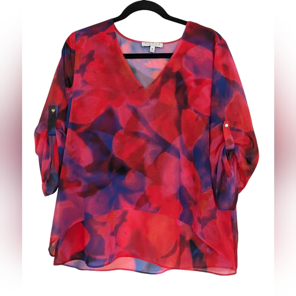 Chaus NY Womens Red Purple Blouse Top Size M High Low Popover Roll Tab Chiffon - Picture 1 of 9